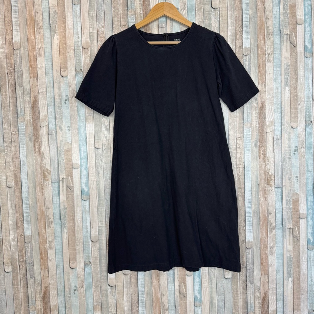Albion Fit S Black Short Puff Sleeve Versailles Shift Dress Minimalist Lbd